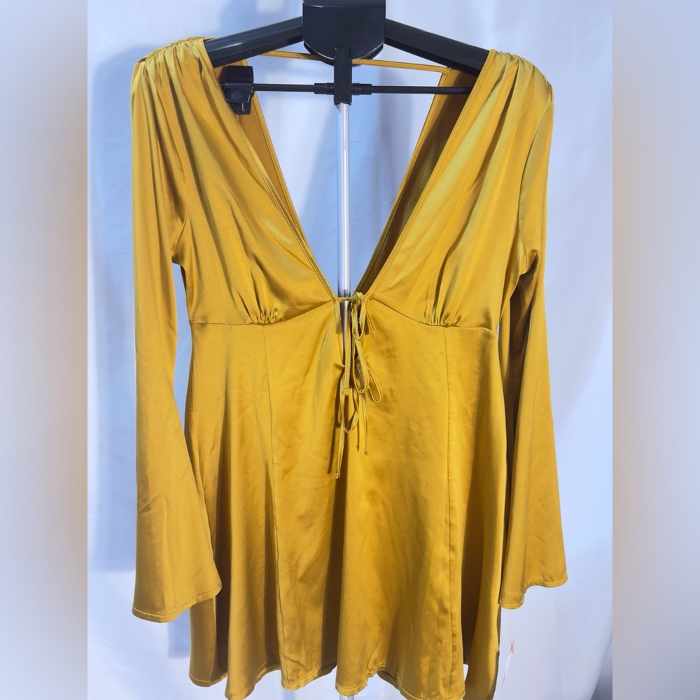 ASOS Gold / yellow mustard Satin Bell Sleeve Mini Dress | Tie Front- size 6
